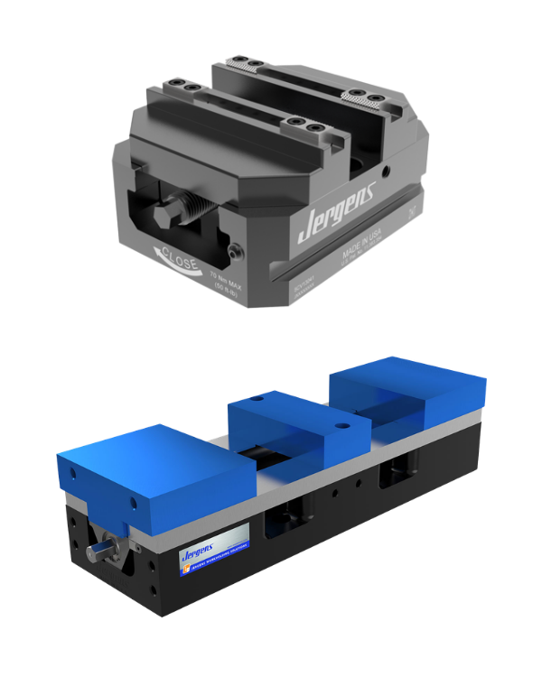 Jergens 75mm 5-axis self-centering vise and 6-inch production vises