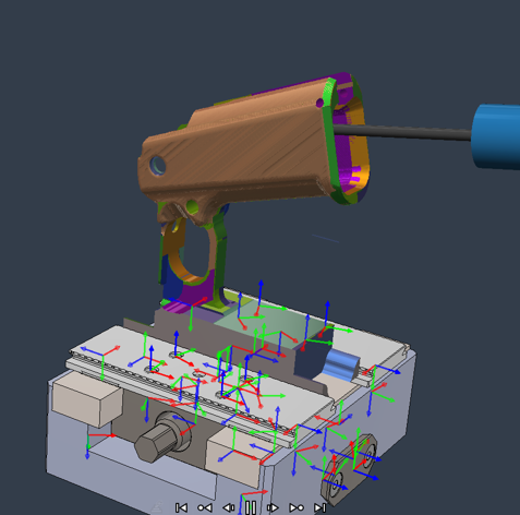 Mastercam machining simulation showing a gun handle setup and toolpath verification
