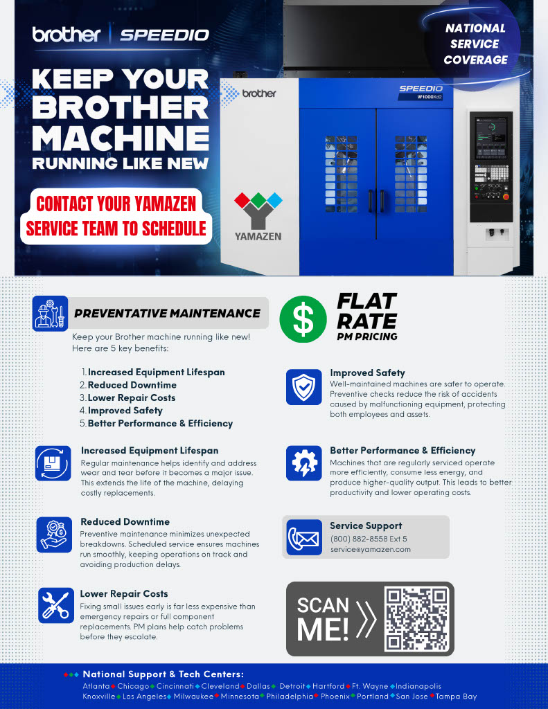 Yamazen Flat Rate Preventative Maintenance overview for Brother SPEEDIO CNC machines